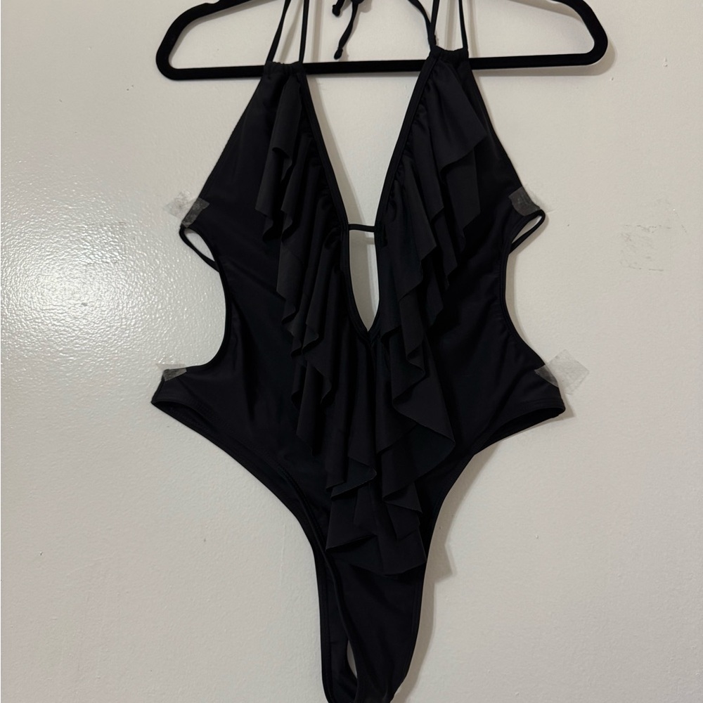 Sexy Black Plunging Ruffled V-Neck One Piece Swimsuit